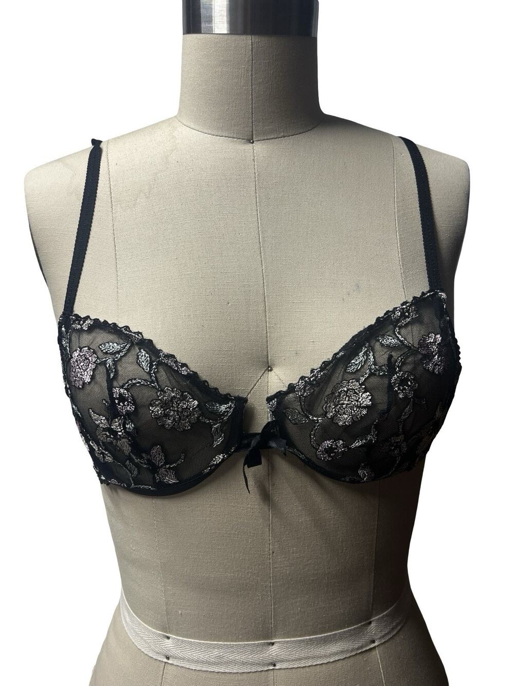 Vintage Victoria’s Secret Gold Union Label 36B Black Pink Embroidered Bra USA